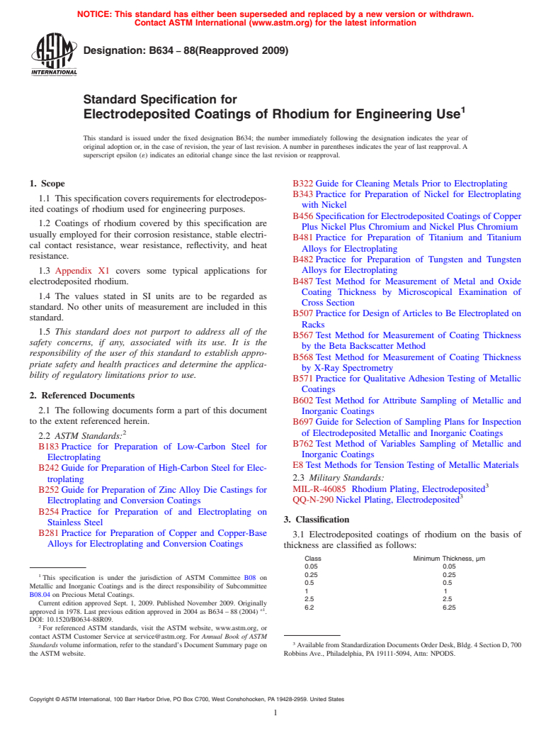 ASTM B634-88(2009) - Standard Specification for Electrodeposited Coatings of Rhodium for Engineering Use