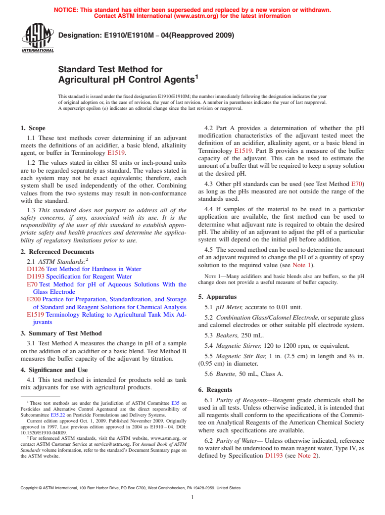 ASTM E1910/E1910M-04(2009) - Test Method for Agricultural pH Control Agents