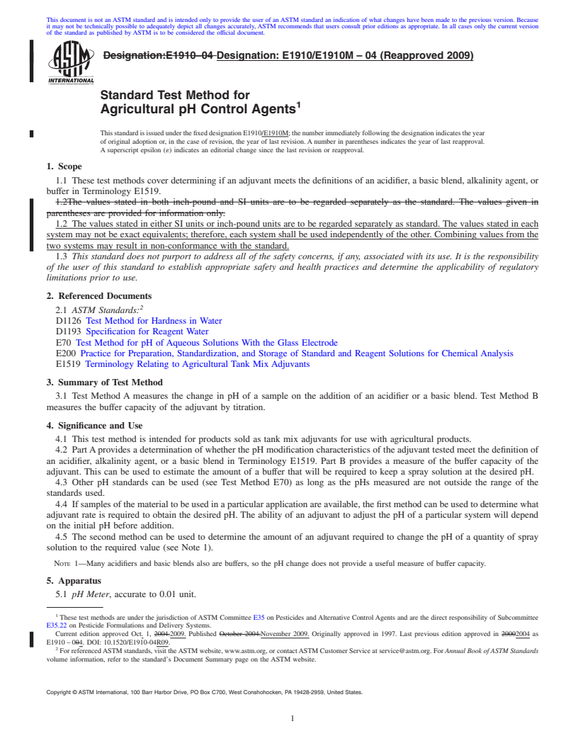 REDLINE ASTM E1910/E1910M-04(2009) - Test Method for Agricultural pH Control Agents