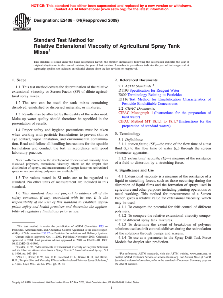 ASTM E2408-04(2009) - Standard Test Method for Relative Extensional Viscosity of Agricultural Spray Tank Mixes