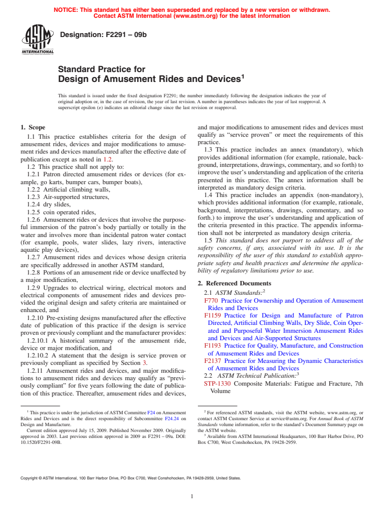 ASTM F2291-09b - Standard Practice for Design of Amusement Rides and Devices