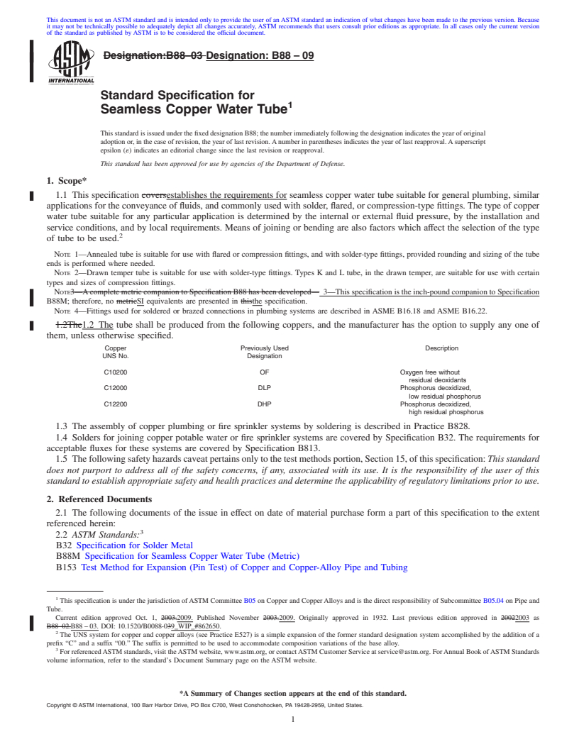 REDLINE ASTM B88-09 - Standard Specification for Seamless Copper Water Tube