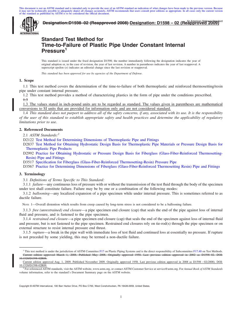 REDLINE ASTM D1598-02(2009) - Standard Test Method for  Time-to-Failure of Plastic Pipe Under Constant Internal Pressure