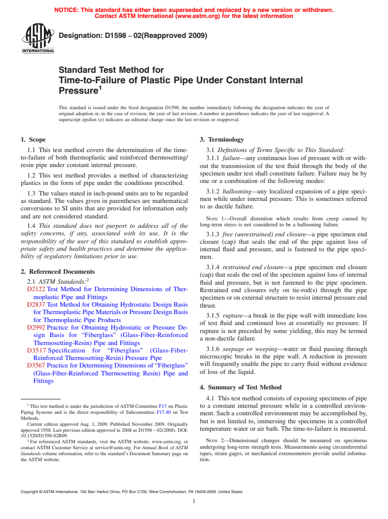 ASTM D1598-02(2009) - Standard Test Method for  Time-to-Failure of Plastic Pipe Under Constant Internal Pressure