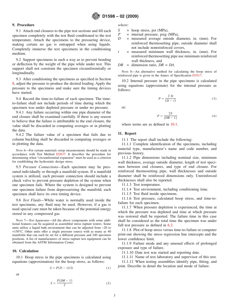 ASTM D1598-02(2009) - Standard Test Method for  Time-to-Failure of Plastic Pipe Under Constant Internal Pressure