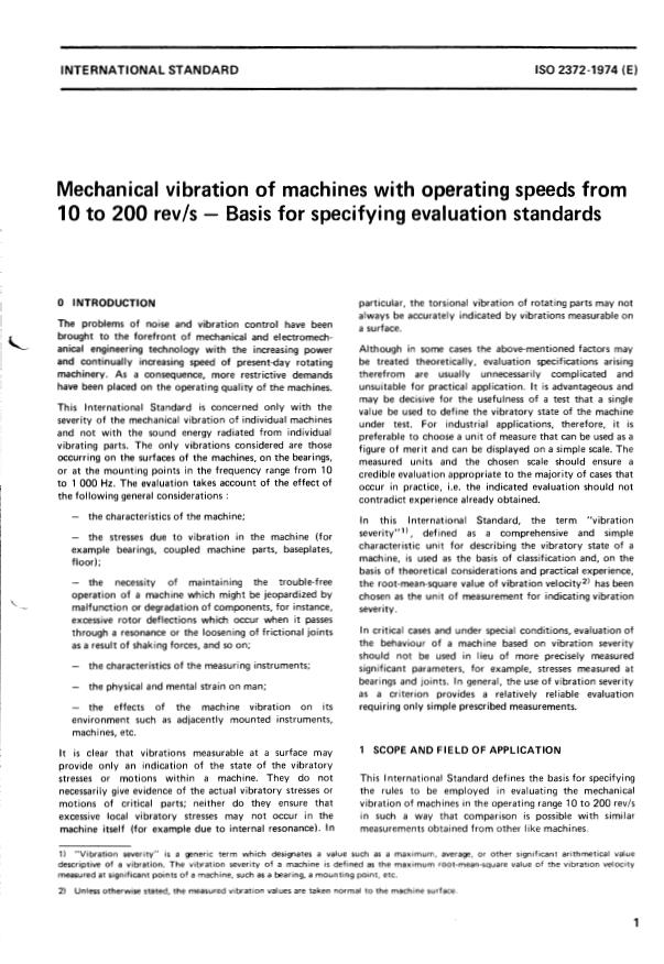 ISO 2372:1974 - Mechanical vibration of machines with operating speeds from 10 to 200 rev/s -- Basis for specifying evaluation standards