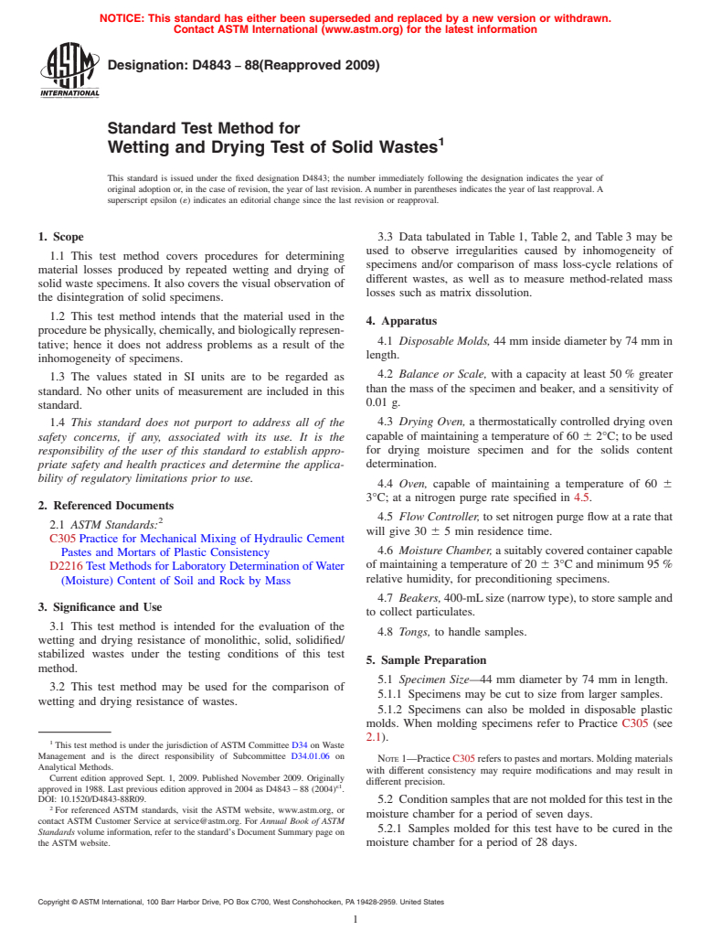 ASTM D4843-88(2009) - Standard Test Method for Wetting and Drying Test of Solid Wastes