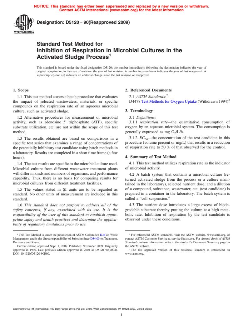 ASTM D5120-90(2009) - Standard Test Method for Inhibition of Respiration in Microbial Cultures in the Activated Sludge Process (Withdrawn 2014)