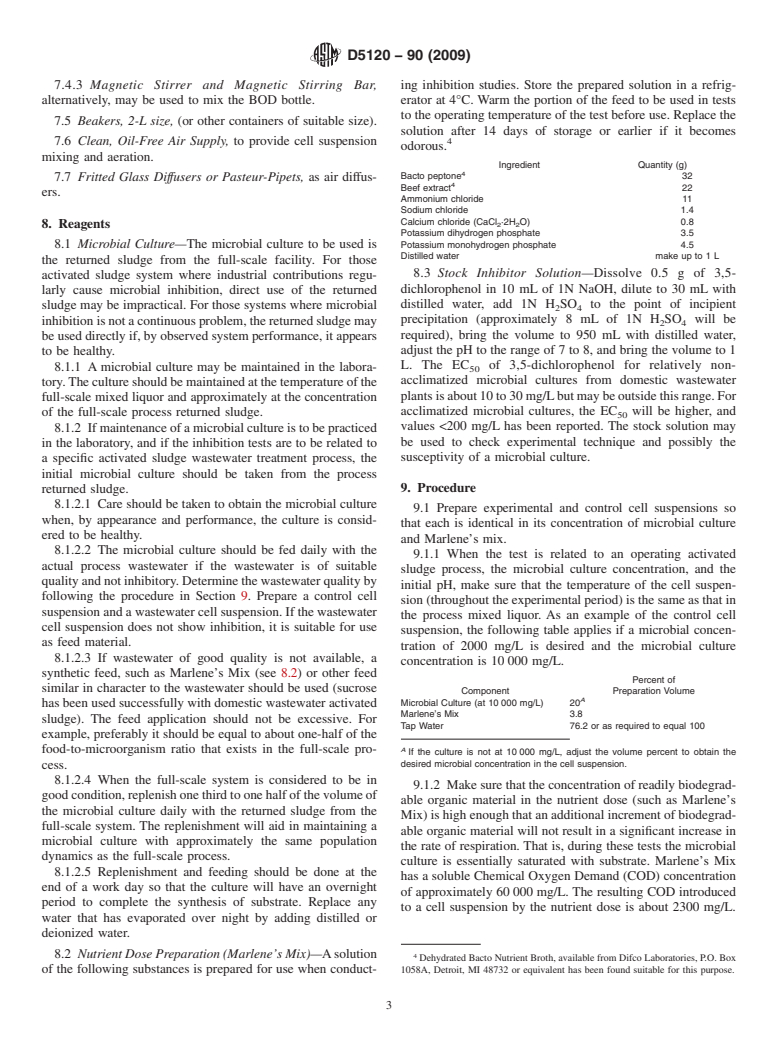 ASTM D5120-90(2009) - Standard Test Method for Inhibition of Respiration in Microbial Cultures in the Activated Sludge Process (Withdrawn 2014)