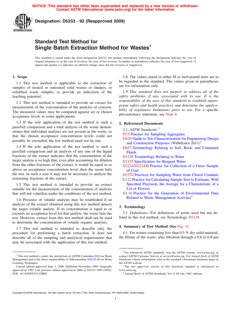 ASTM D5233-92(2009) - Standard Test Method for Single Batch Extraction Method for Wastes