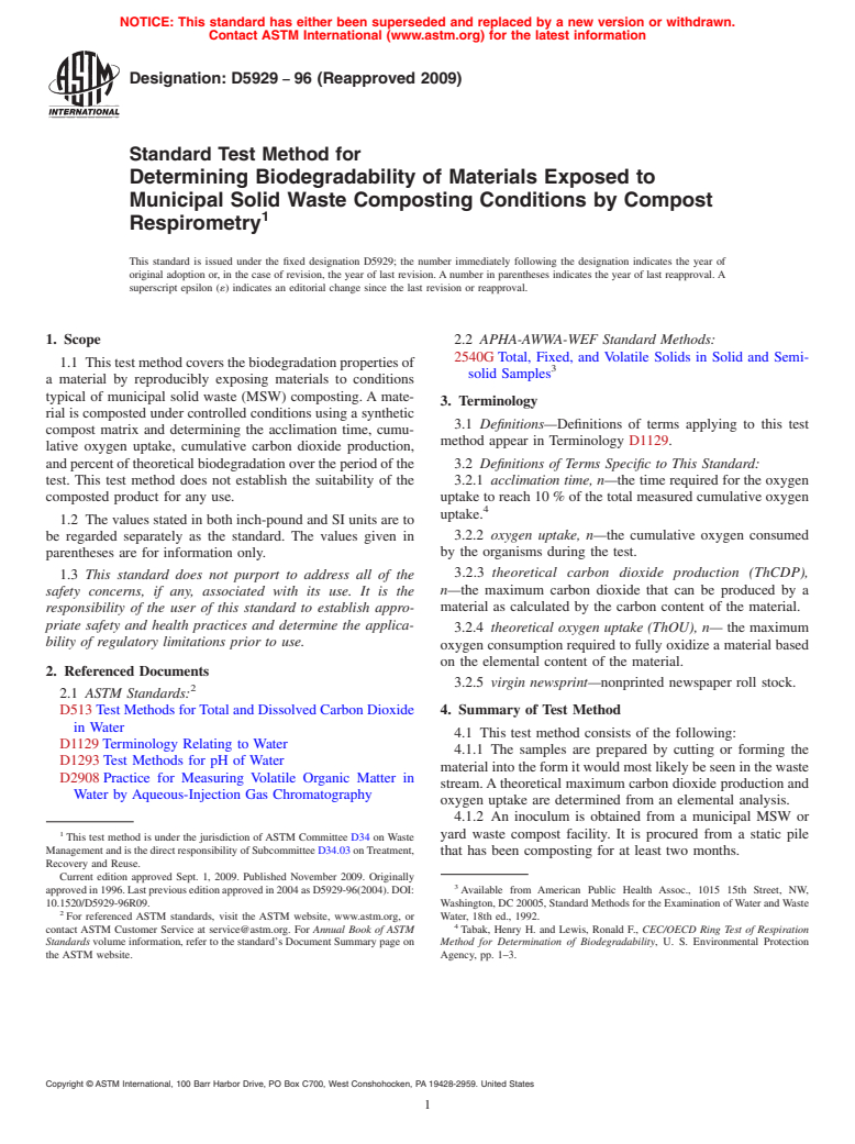 ASTM D5929-96(2009) - Standard Test Method for Determining Biodegradability of Materials Exposed to Municipal Solid Waste Composting Conditions by Compost Respirometry