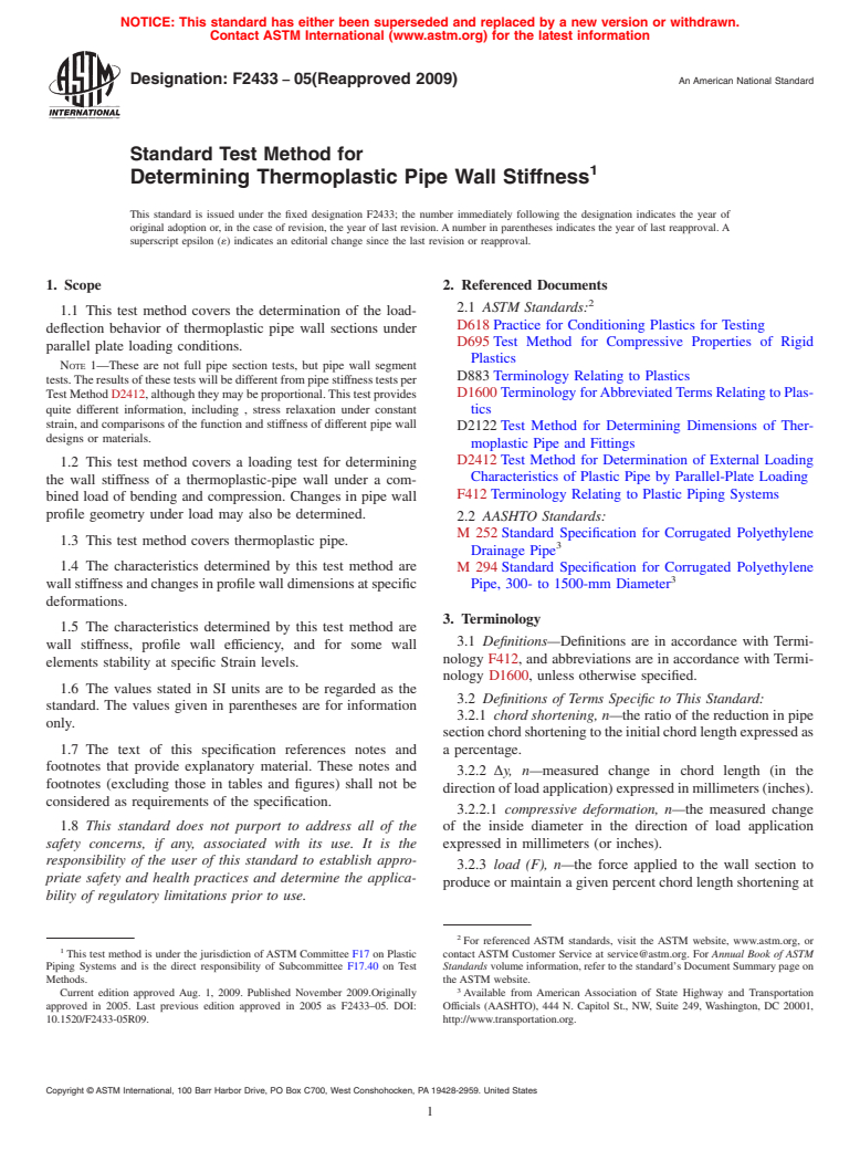 ASTM F2433-05(2009) - Standard Test Method for Determining Thermoplastic Pipe Wall Stiffness