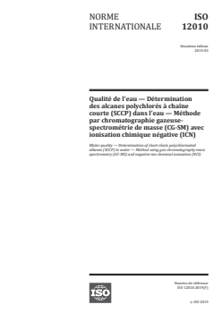 ISO 12010:2019 - Qualité de l'eau — Détermination des alcanes polychlorés à chaîne courte (SCCP) dans l'eau — Méthode par chromatographie gazeuse-spectrométrie de masse (CG-SM) avec ionisation chimique négative (ICN)
Released:1. 03. 2019 - Page 1 preview
