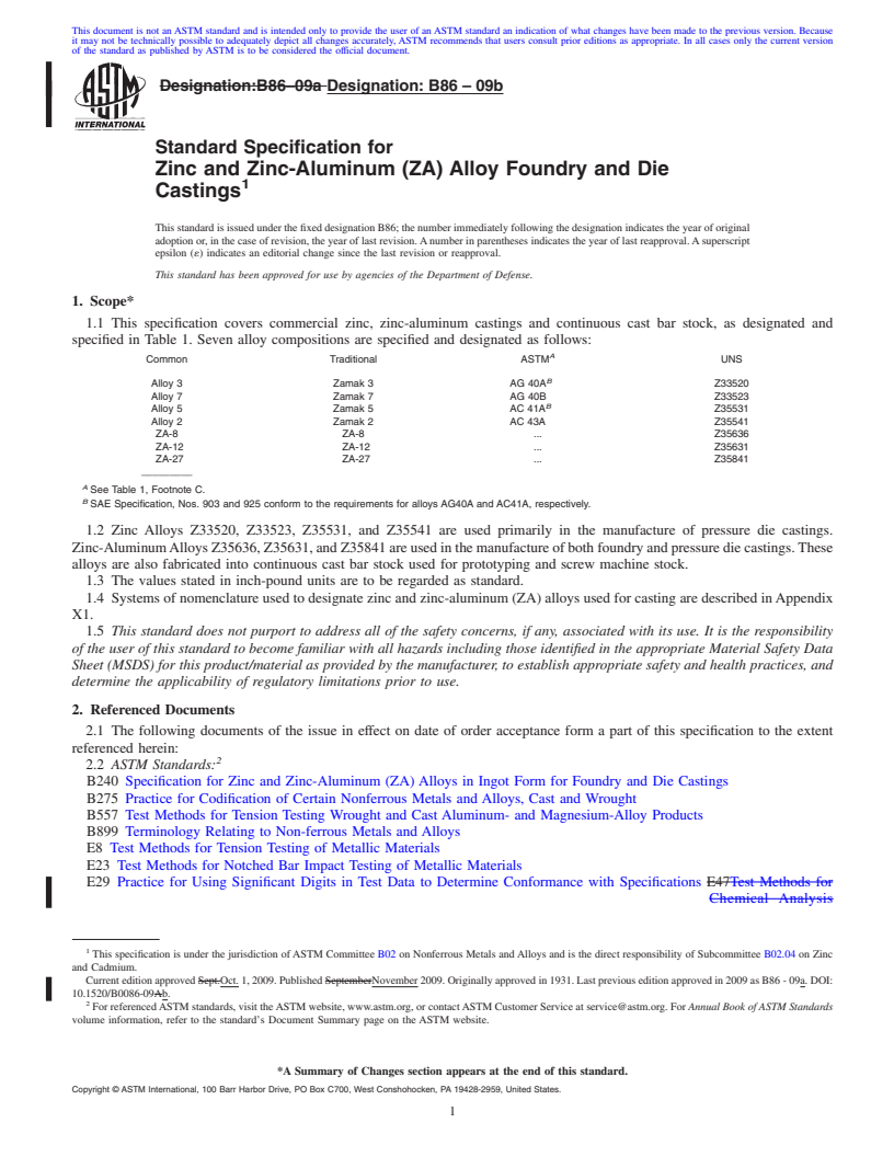 REDLINE ASTM B86-09b - Standard Specification for Zinc and Zinc-Aluminum (ZA) Alloy Foundry and Die Castings