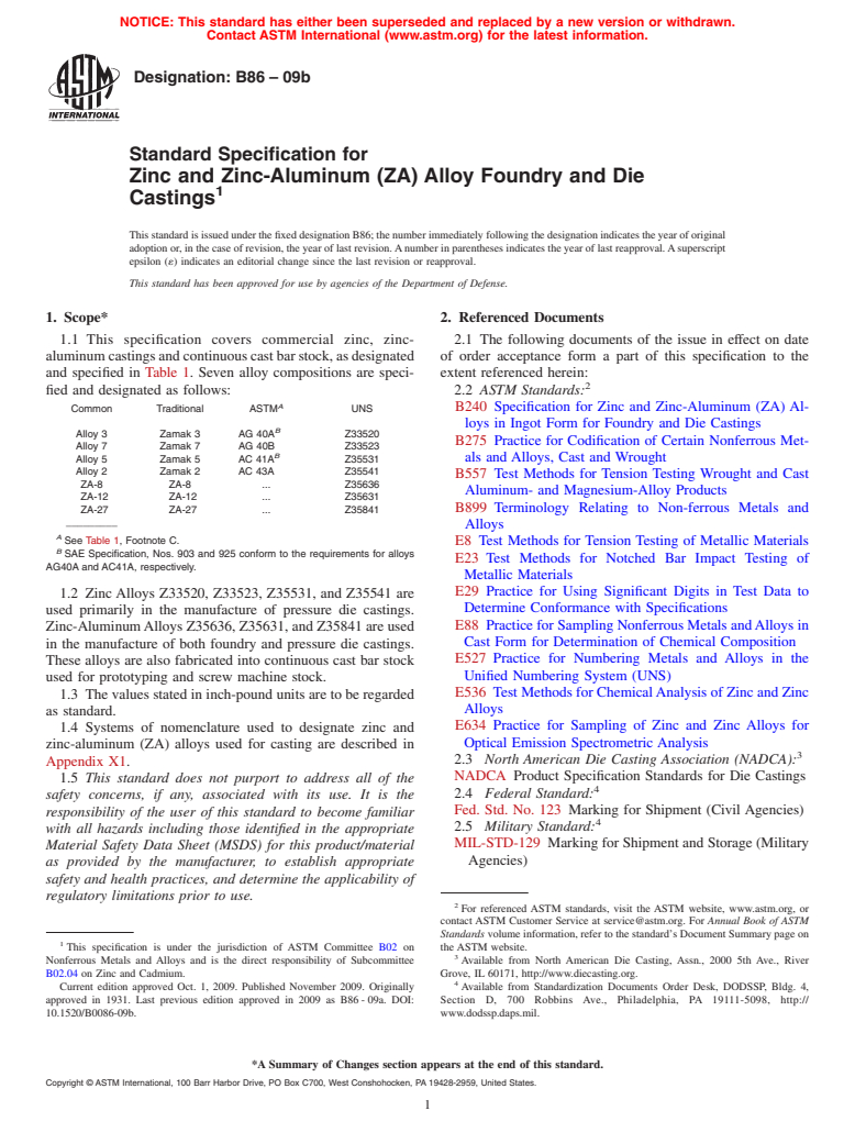 ASTM B86-09b - Standard Specification for Zinc and Zinc-Aluminum (ZA) Alloy Foundry and Die Castings