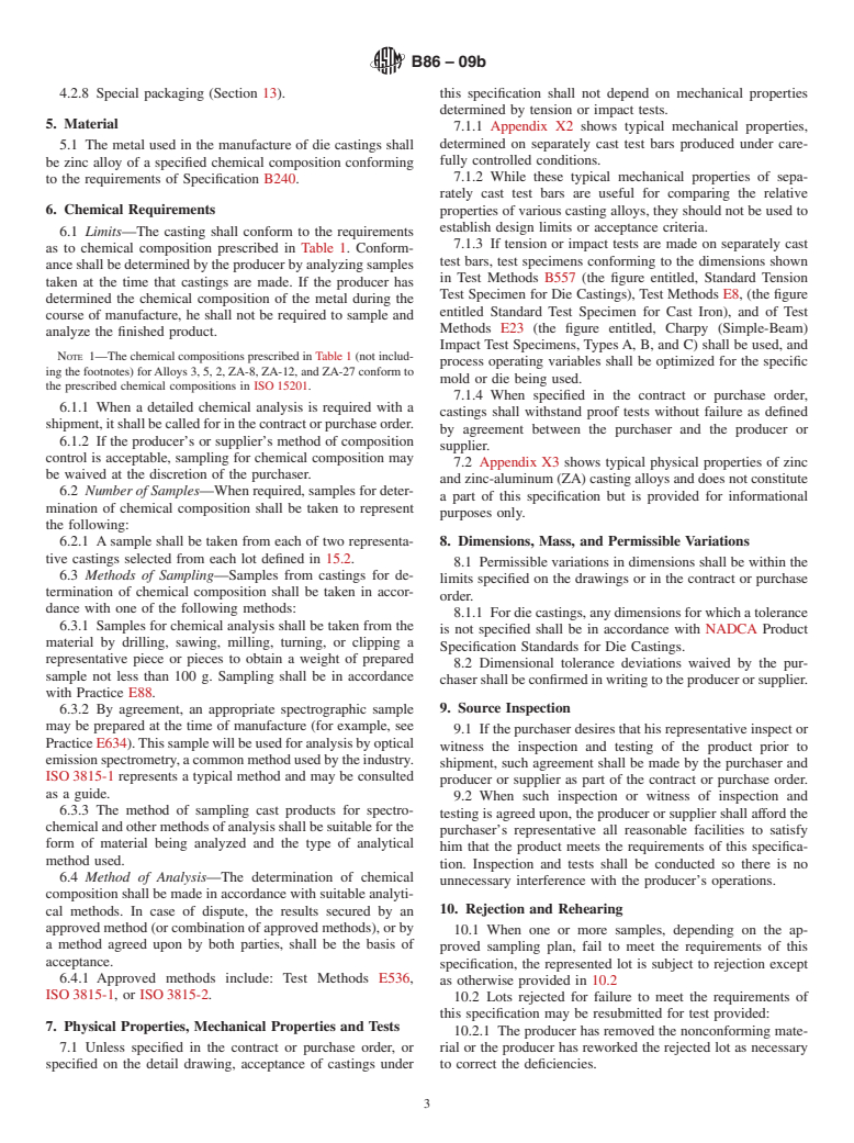 ASTM B86-09b - Standard Specification for Zinc and Zinc-Aluminum (ZA) Alloy Foundry and Die Castings