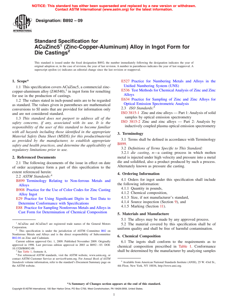 ASTM B892-09 - Standard Specification for ACuZinc5 (Zinc-Copper-Aluminum) Alloy in Ingot Form for Die Castings