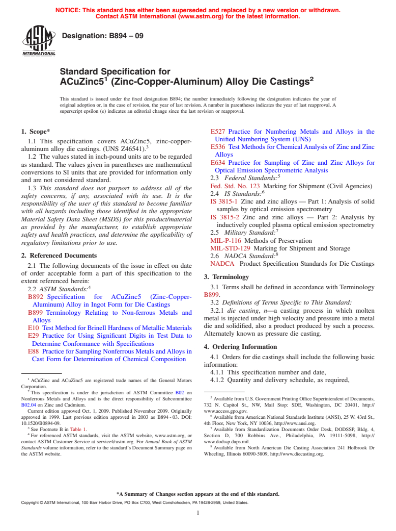 ASTM B894-09 - Standard Specification for ACuZinc5 (Zinc-Copper-Aluminum) Alloy Die Castings