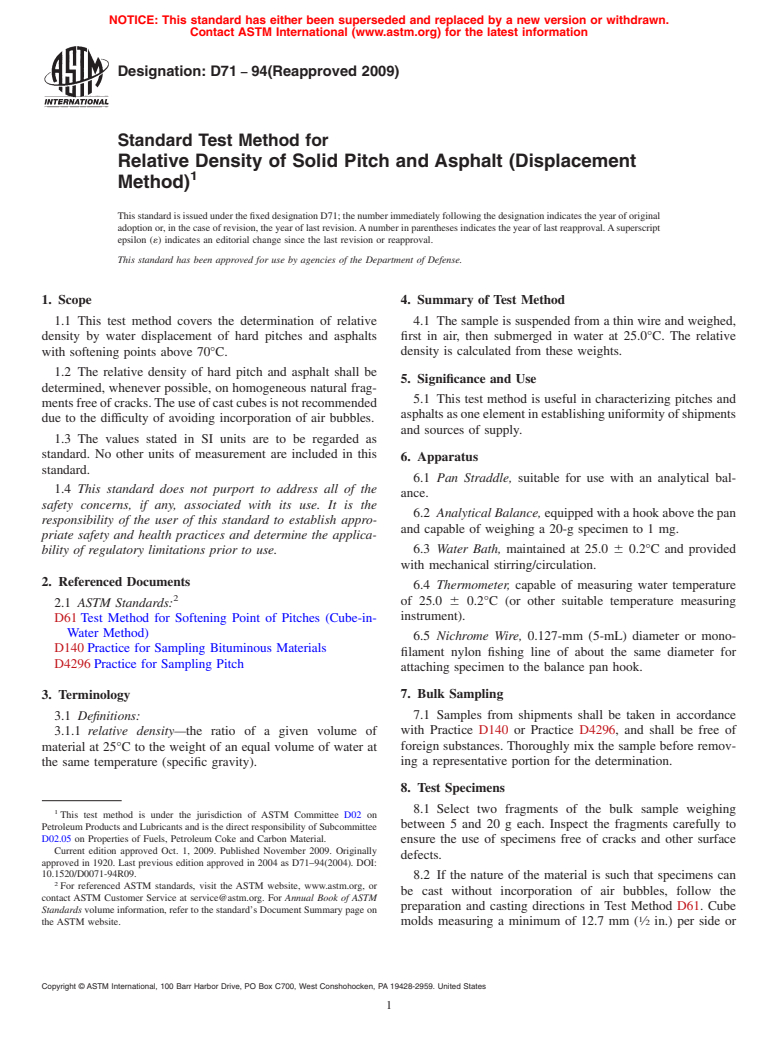 ASTM D71-94(2009) - Standard Test Method for Relative Density of Solid Pitch and Asphalt (Displacement Method)