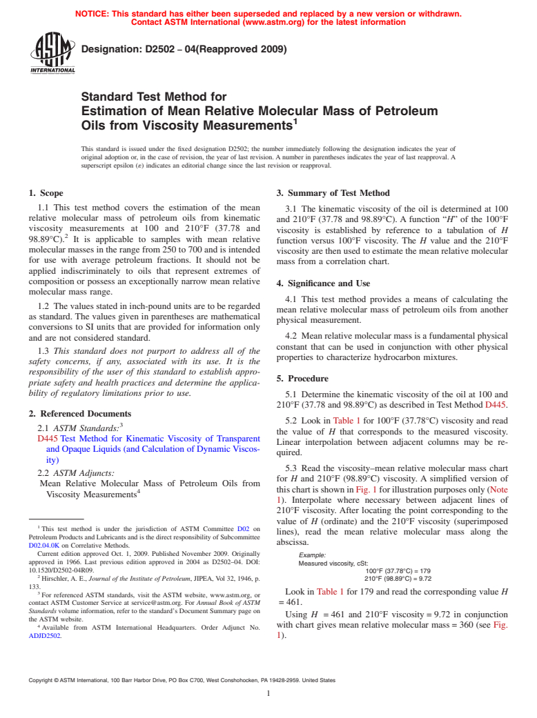 ASTM D2502-04(2009) - Standard Test Method for Estimation of Molecular Weight (Relative Molecular Mass) of Petroleum Oils From Viscosity Measurements