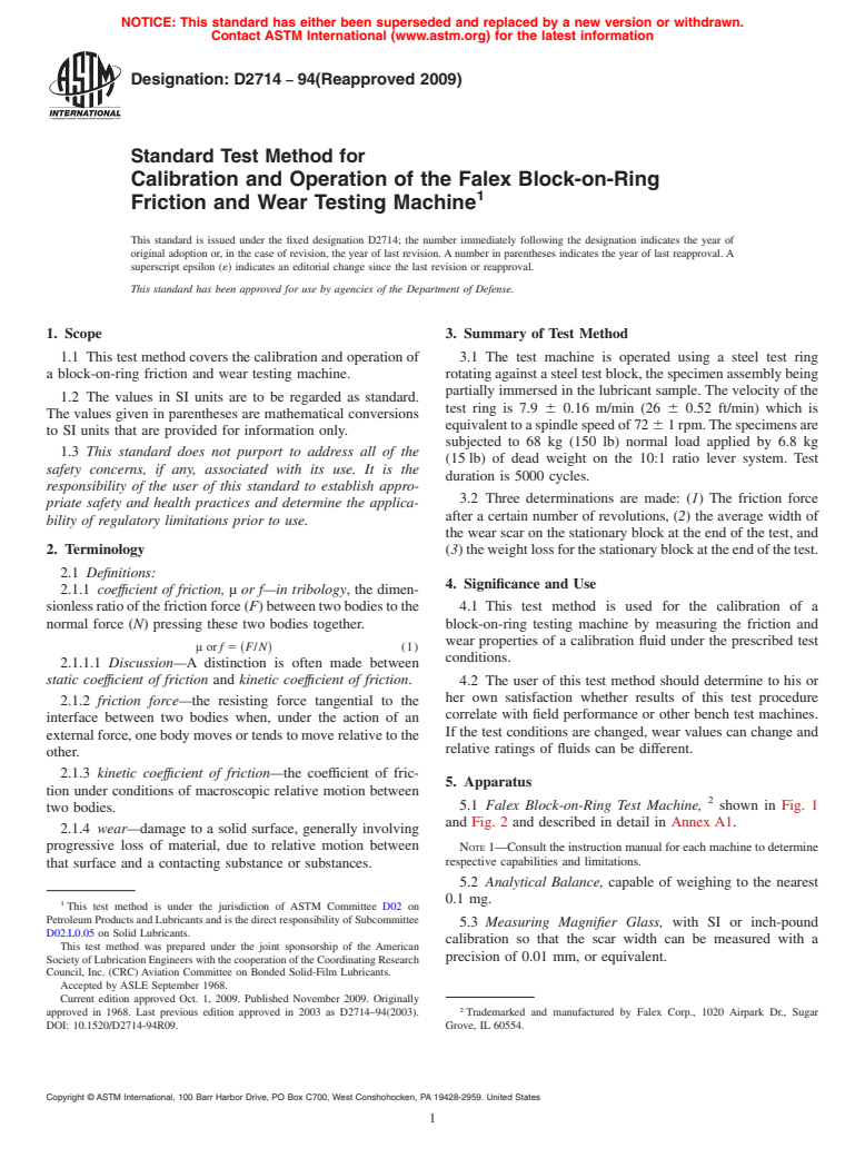 ASTM D2714-94(2009) - Standard Test Method for Calibration and Operation of the Falex Block-on-Ring Friction and Wear Testing Machine