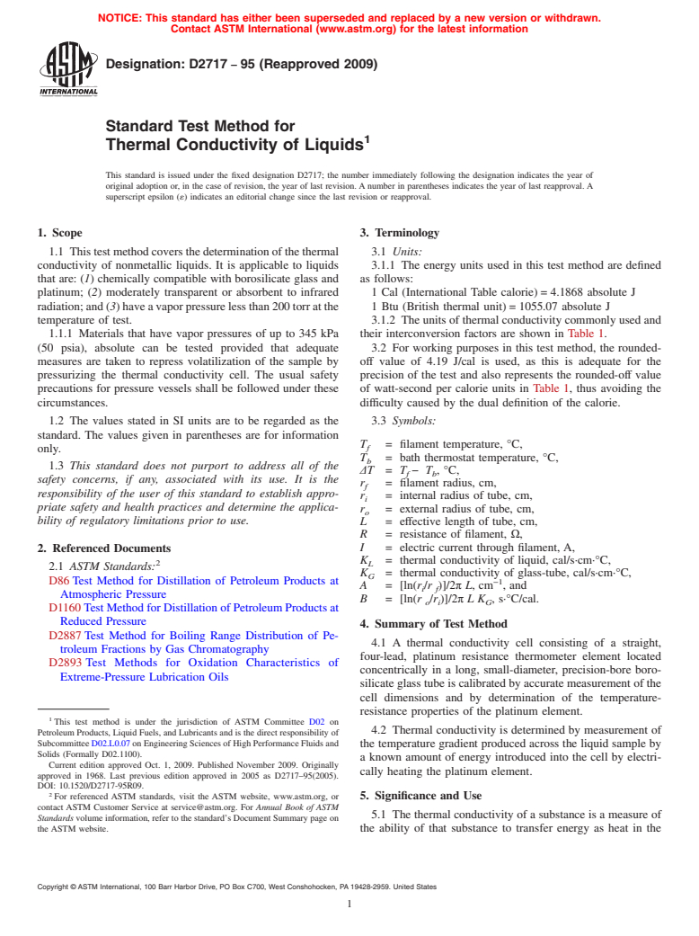 ASTM D2717-95(2009) - Standard Test Method for Thermal Conductivity of Liquids (Withdrawn 2018)