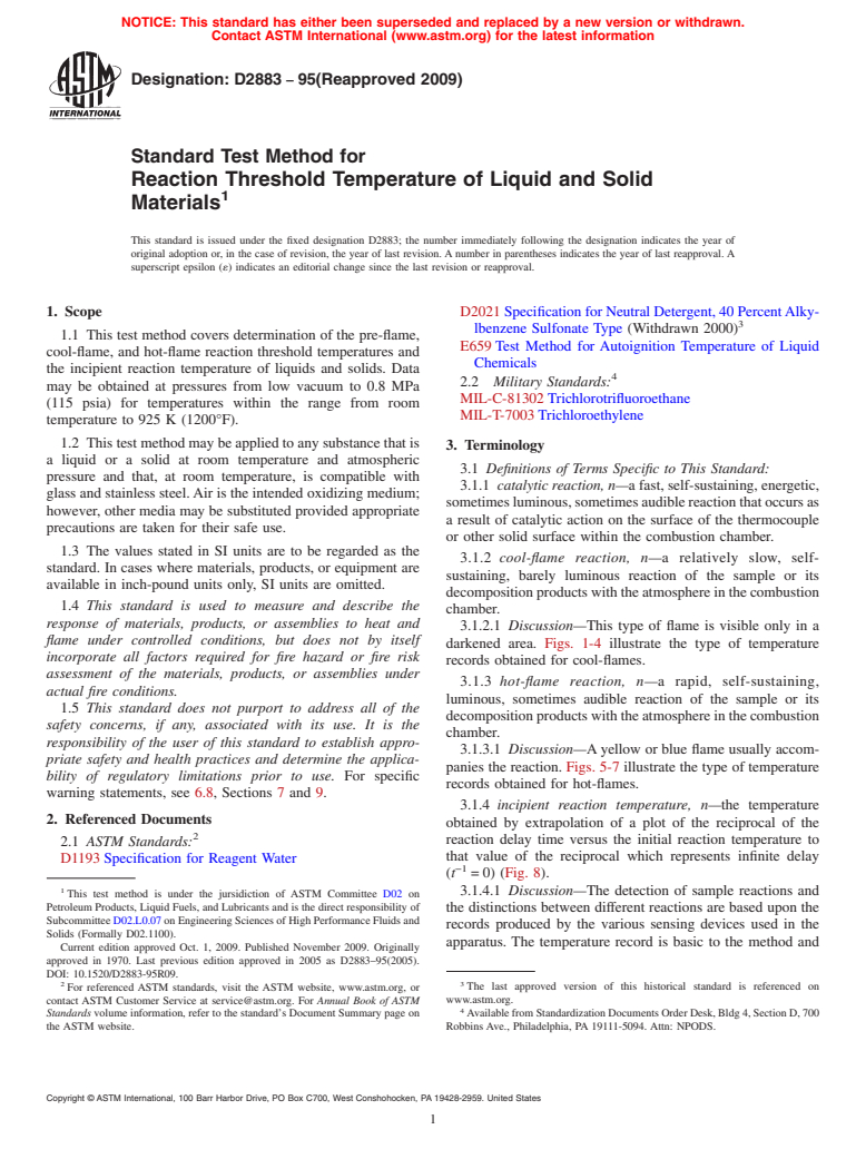 ASTM D2883-95(2009) - Standard Test Method for Reaction Threshold Temperature of Liquid and Solid Materials (Withdrawn 2016)