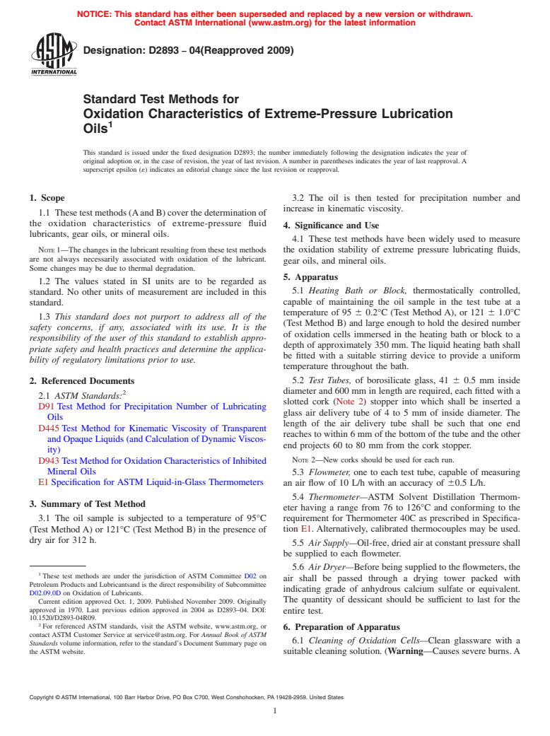 ASTM D2893-04(2009) - Standard Test Method for Oxidation Characteristics of Extreme-Pressure Lubrication Oils