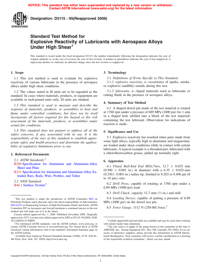 ASTM D3115-95(2009) - Standard Test Method for Explosive Reactivity of Lubricants with Aerospace Alloys Under High Shear