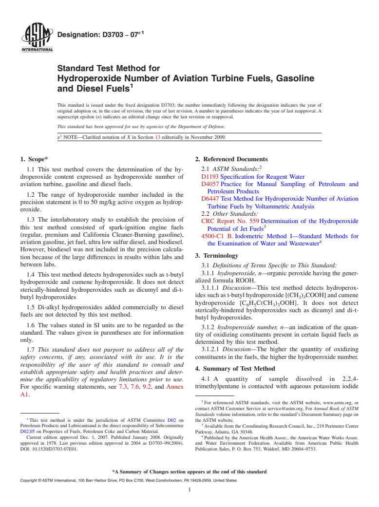 ASTM D3703-07e1 - Standard Test Method for Hydroperoxide Number of Aviation Turbine Fuels, Gasoline and Diesel Fuels