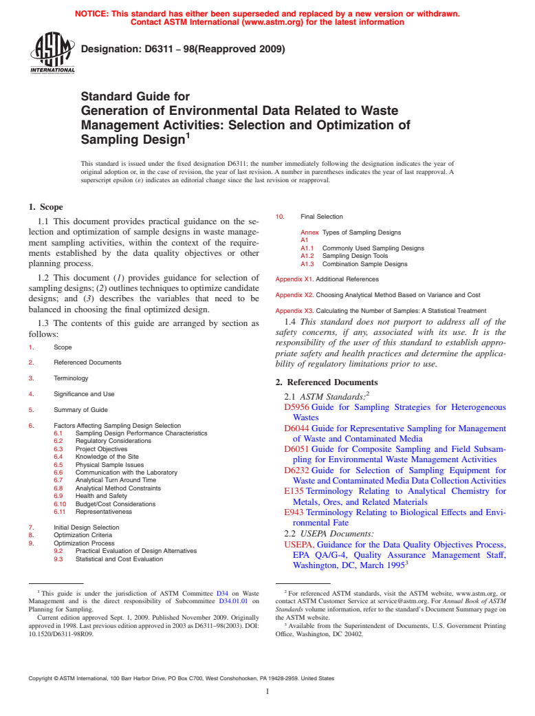 ASTM D6311-98(2009) - Standard Guide for Generation of Environmental Data Related to Waste Management Activities: Selection and Optimization of Sampling Design