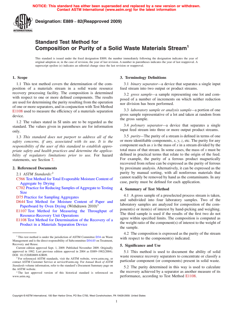 ASTM E889-82(2009) - Standard Test Method for Composition or Purity of a Solid Waste Materials Stream