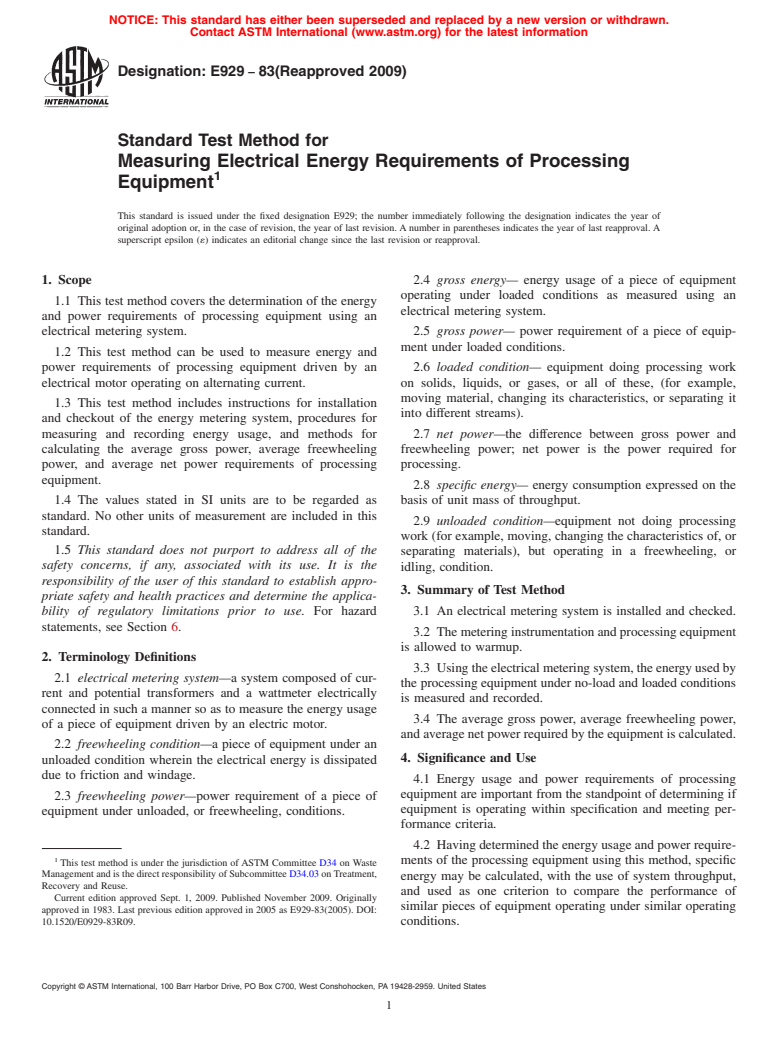 ASTM E929-83(2009) - Standard Test Method for Measuring Electrical Energy Requirements of Processing Equipment (Withdrawn 2014)