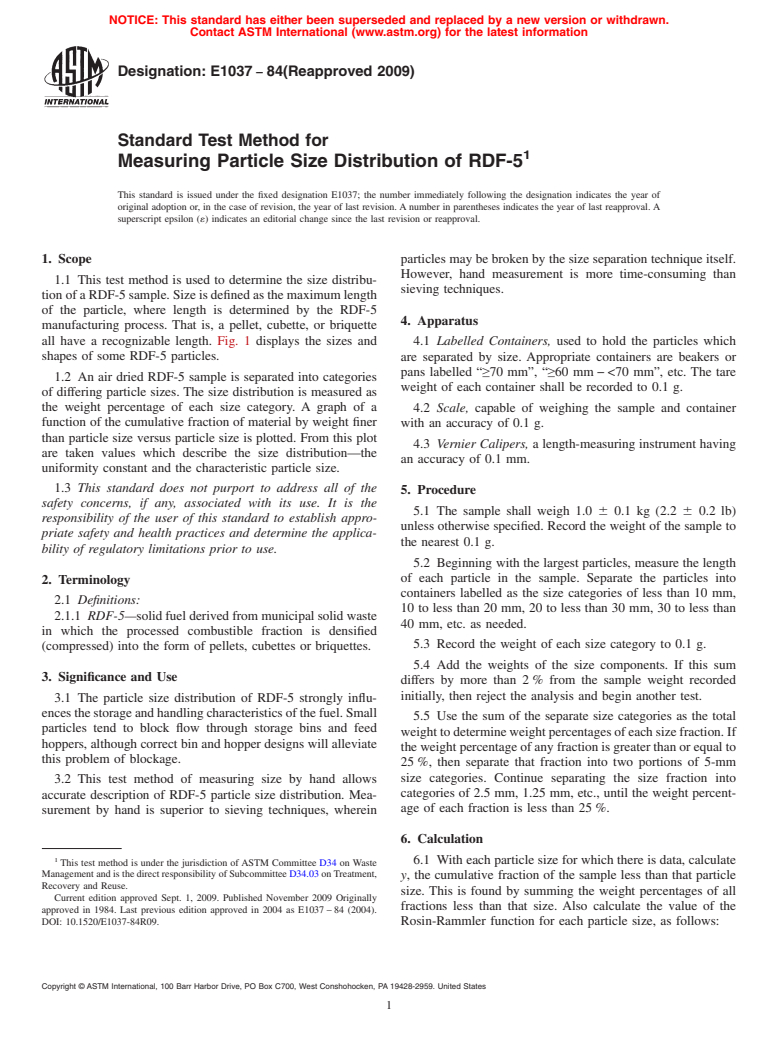 ASTM E1037-84(2009) - Standard Test Method for Measuring Particle Size Distribution of RDF-5