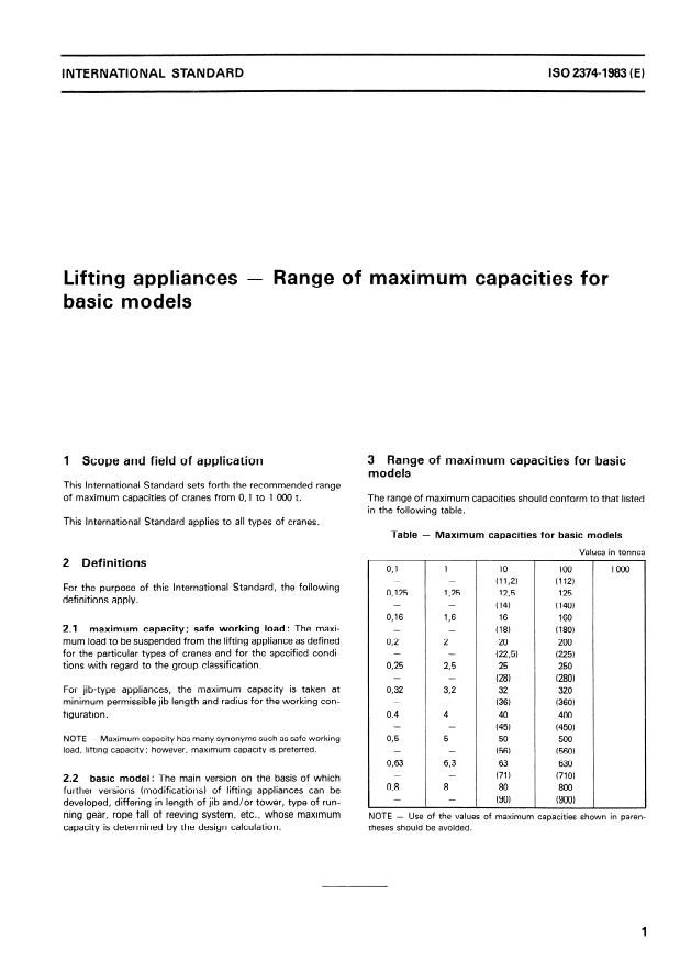 ISO 2374:1983 - Lifting appliances -- Range of maximum capacities for basic models