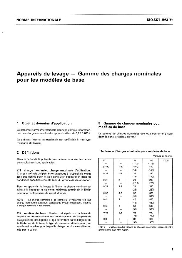 ISO 2374:1983 - Appareils de levage -- Gamme des charges nominales pour les modeles de base