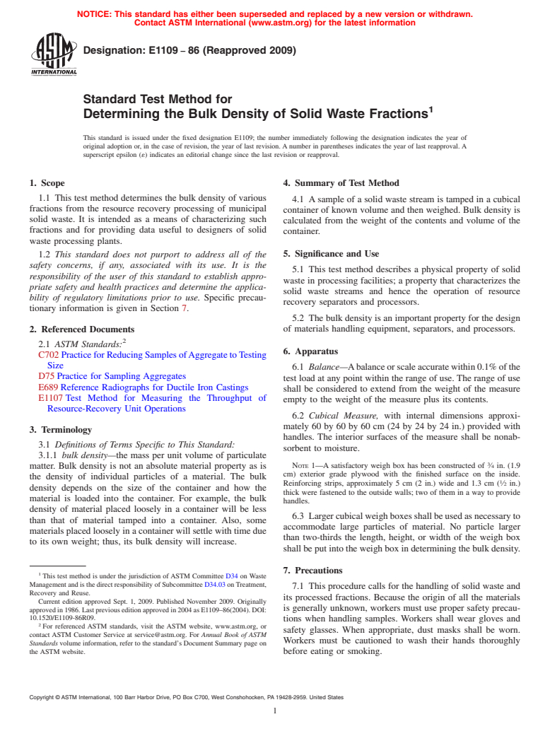 ASTM E1109-86(2009) - Standard Test Method for Determining the Bulk Density of Solid Waste Fractions