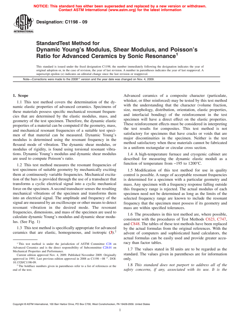 ASTM C1198-09 - Standard Test Method for Dynamic Young's Modulus, Shear Modulus, and Poisson's Ratio for Advanced Ceramics by Sonic Resonance