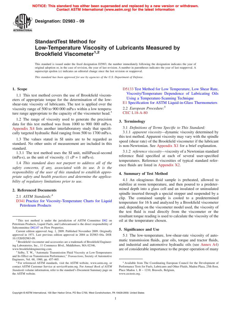 ASTM D2983-09 - Standard Test Method for Low-Temperature Viscosity of Lubricants Measured by Brookfield Viscometer