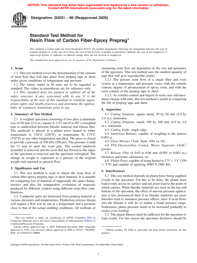 ASTM D3531-99(2009) - Standard Test Method for Resin Flow of Carbon Fiber-Epoxy Prepreg