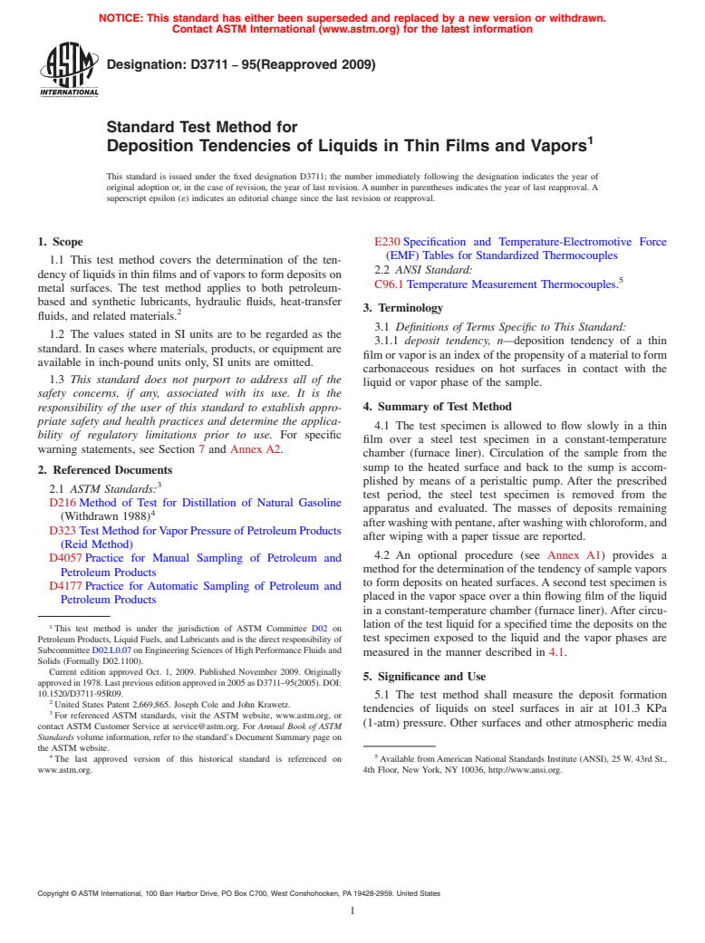 ASTM D3711-95(2009) - Standard Test Method for Deposition Tendencies of Liquids in Thin Films and Vapors (Withdrawn 2016)