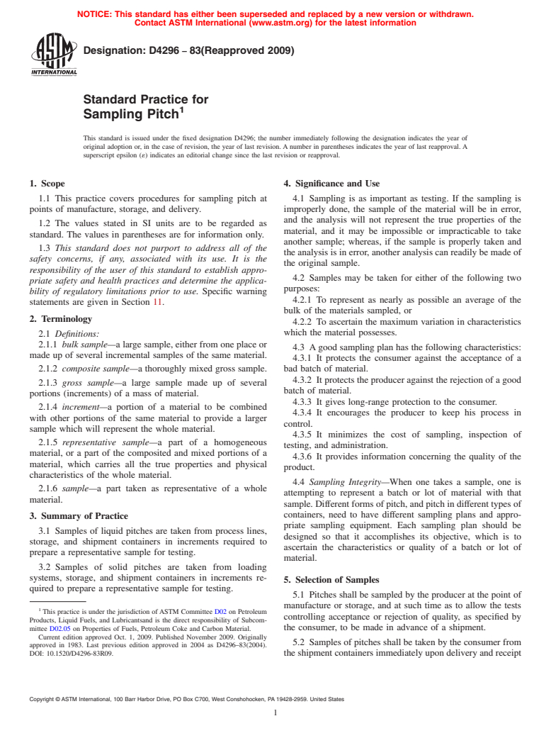 ASTM D4296-83(2009) - Standard Practice for Sampling Pitch