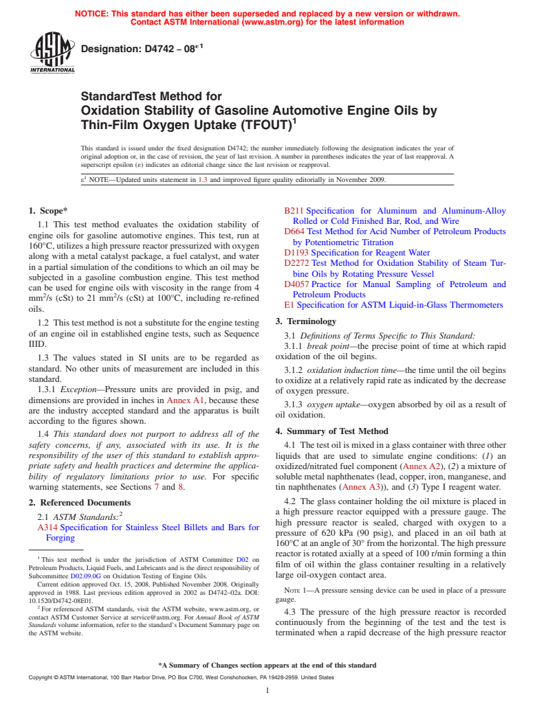 ASTM D4742-08e1 - Standard Test Method for Oxidation Stability of Gasoline Automotive Engine Oils by Thin-Film Oxygen Uptake (TFOUT)