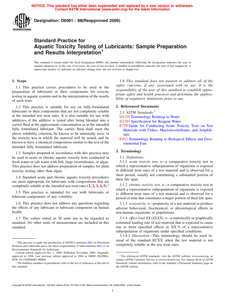 ASTM D6081-98(2009) - Standard Practice for Aquatic Toxicity Testing of Lubricants: Sample Preparation and Results Interpretation