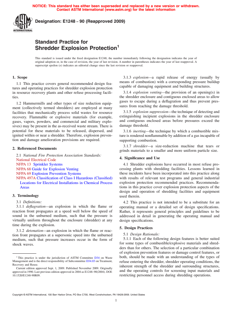 ASTM E1248-90(2009) - Standard Practice for Shredder Explosion Protection