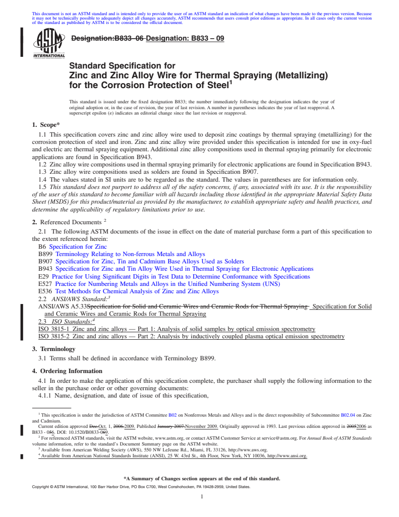 REDLINE ASTM B833-09 - Standard Specification for Zinc and Zinc Alloy Wire for Thermal Spraying (Metallizing) for the Corrosion Protection of Steel