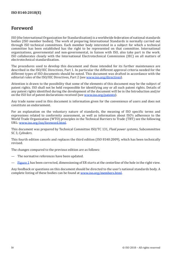 ISO 8140:2018 ISO 8140:2018 - Pneumatic fluid power -- Cylinders, 1 000 kPa (10 bar) series -- Mounting dimensions of rod-end clevises - Page 4 preview