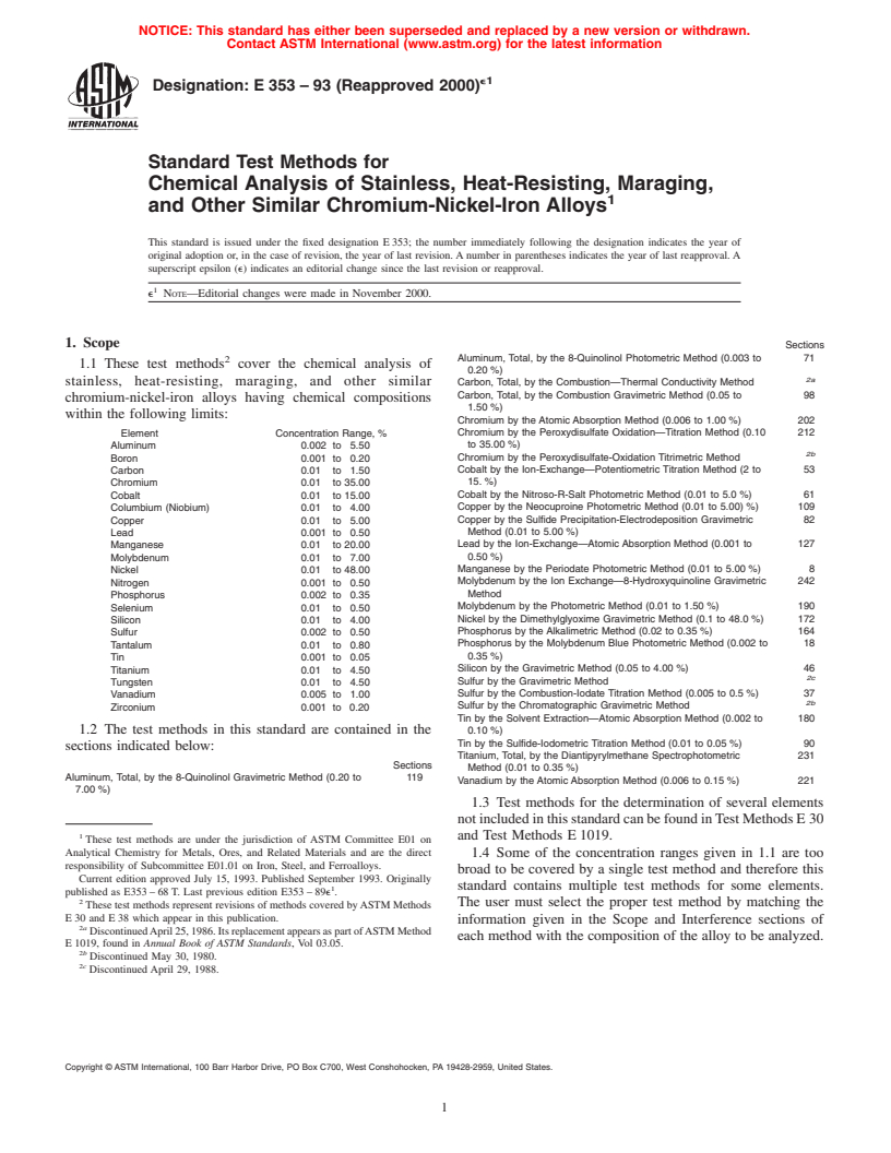 ASTM E353-93(2000)e1 - Standard Test Methods for Chemical Analysis of Stainless, Heat-Resisting, Maraging, and Other Similar Chromium-Nickel-Iron Alloys