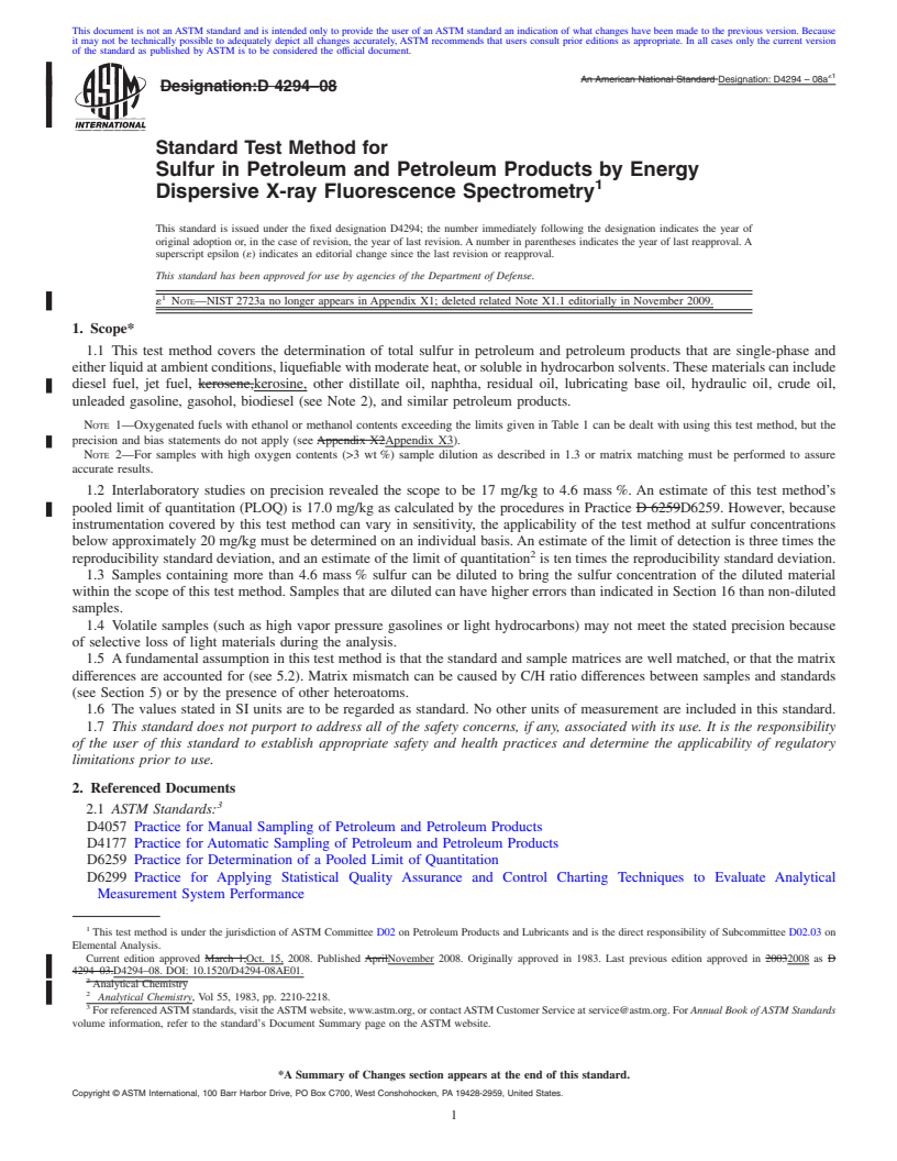 REDLINE ASTM D4294-08ae1 - Standard Test Method for Sulfur in Petroleum and Petroleum Products by Energy Dispersive X-ray Fluorescence  Spectrometry