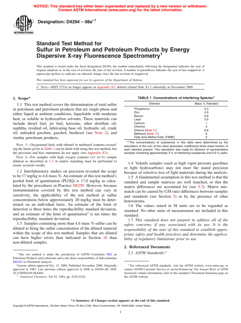 ASTM D4294-08ae1 - Standard Test Method for Sulfur in Petroleum and Petroleum Products by Energy Dispersive X-ray Fluorescence  Spectrometry